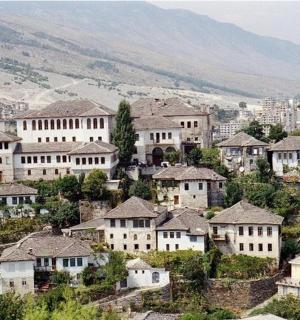a group of houses on a hill with mountains in the background