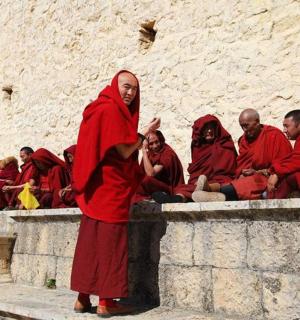 一群身穿红色僧袍的僧侣坐在墙上