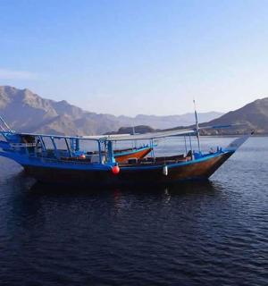 一艘蓝色的小船停泊在水体中央