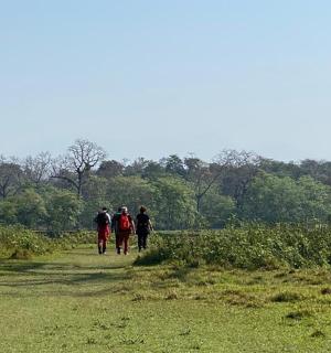 three people walking down a dirt road