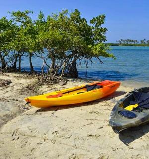 two kayaks are sitting on a beach next to the water