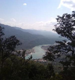 a view of a river in a valley with trees