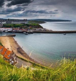 a view of a beach with a town and the ocean
