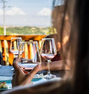 一群人坐在桌边，手里拿着酒杯