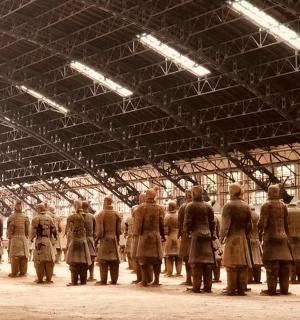 a group of people standing in a building