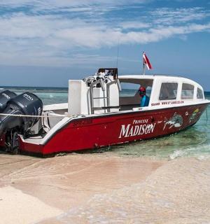 停在沙滩上的一艘红白相间的船