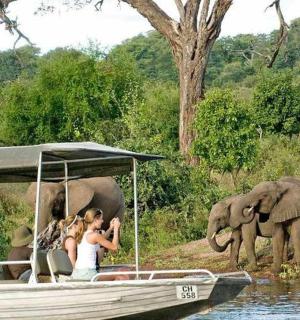 一群人坐在船上,与大象一起在水上