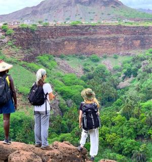 three people standing on a rock looking at a canyon