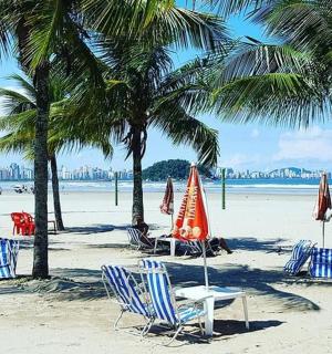 a beach with chairs and umbrellas and palm trees