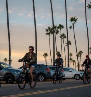 一群人骑着自行车在有汽车的街道上行驶