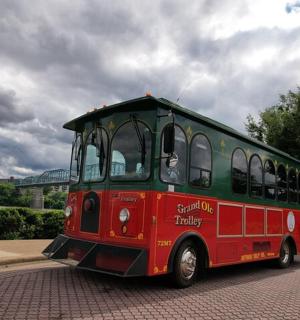 a red and green bus driving down a street