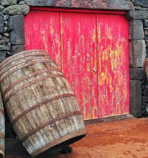 two wooden barrels in front of a red door