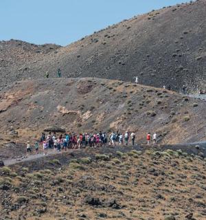 a group of people walking up a hill