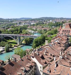 一座有桥梁和建筑物的城市景观