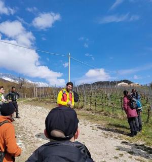 a group of people walking down a dirt road