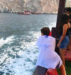 船上的人们看着水中的海豚