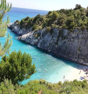 a view of a river with people on a beach