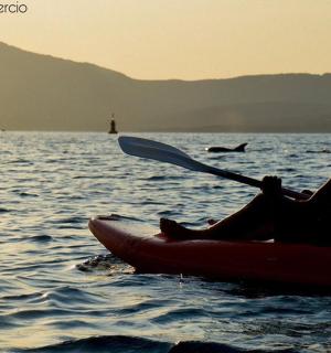 一名男子坐在水中的皮划艇上