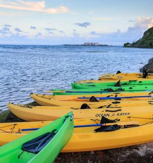 a group of kayaks on the shore of the water