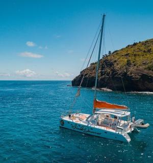 a white boat in the water next to a hill