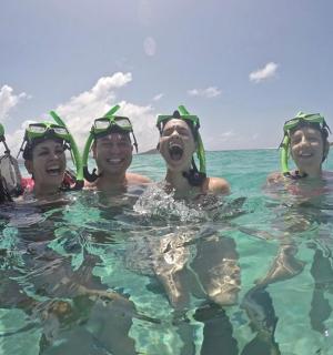 a group of people swimming in the water