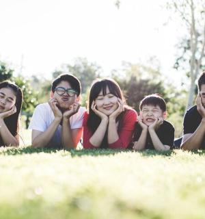 a group of people laying on the grass