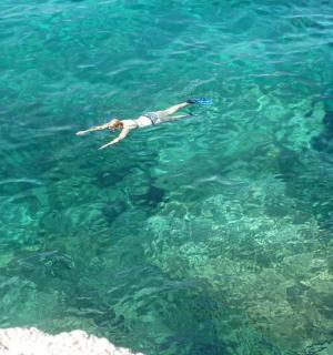 在清澈湛蓝的海水中游泳的人