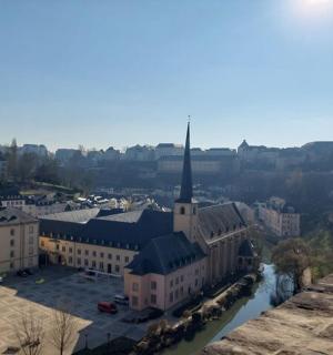 ein Blick auf eine Stadt mit einer Kirche und einem Fluss