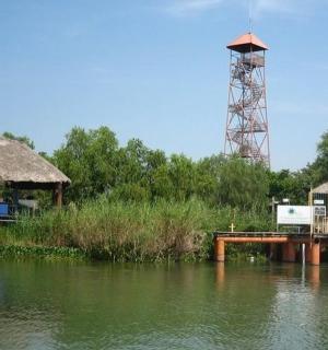 一座横跨水面、带有塔的桥