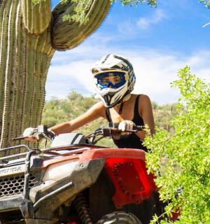 一名女子坐在树旁的一辆全地形车上