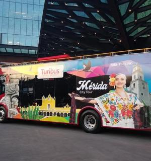 车身侧面贴有广告的公交车