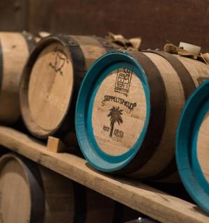 a row of wine barrels sitting on a shelf