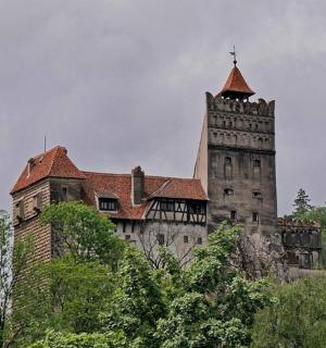 an old castle with a tower on top of trees