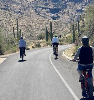 一群人骑着自行车沿着道路行驶