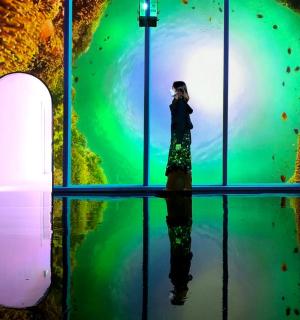 一位女士站在橱窗前