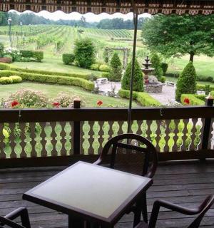 配有桌椅的露台，可欣赏花园美景