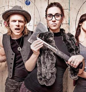 a group of three people holding knives andweapons