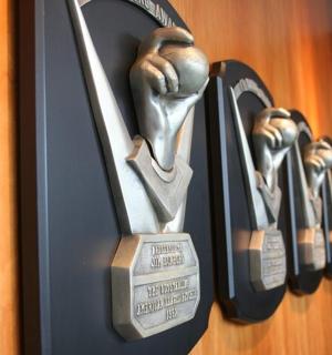 skupina medailonů visících na zdi