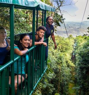 一群人在丛林中滑索