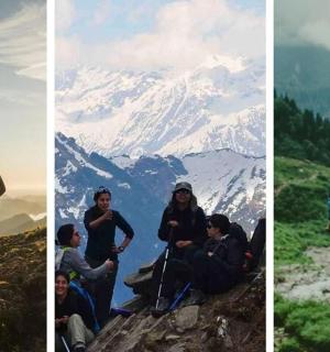 three different pictures of people on a mountain