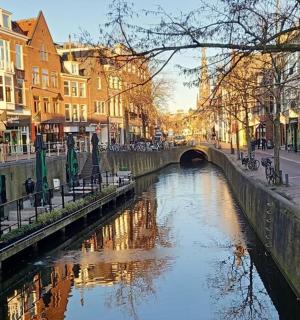 城市中的一条运河,有建筑物和桥梁