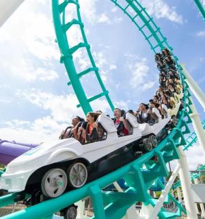 a group of people riding a roller coaster at a theme park