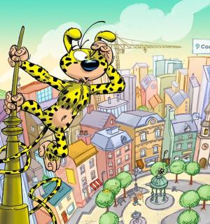 a cartoon of a bee in a city