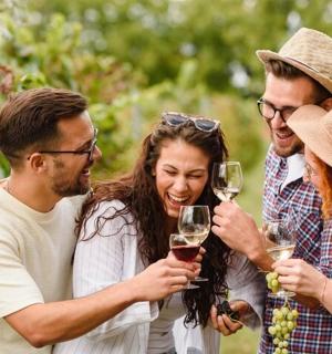 a group of people drinking wine in a vineyard