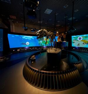 a room with two large screens and a table with chairs