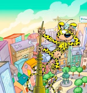 a cartoon of a bee in a city