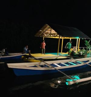 a boat with a canopy on the water at night
