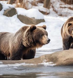 two brown bears standing in the water in the snow