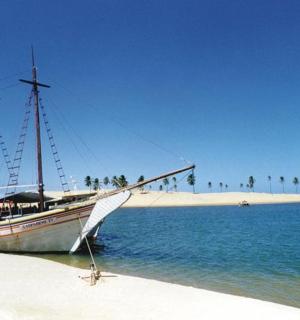 a boat sitting on the shore of a beach