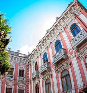 a pink building with a palm tree in front of it